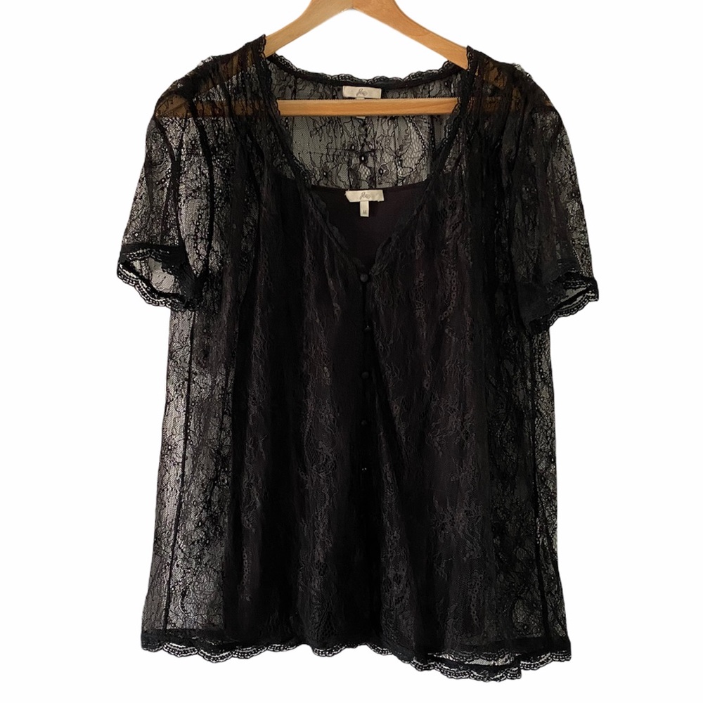JOIE Black Lace Cap Sleeve Low V Button Top
